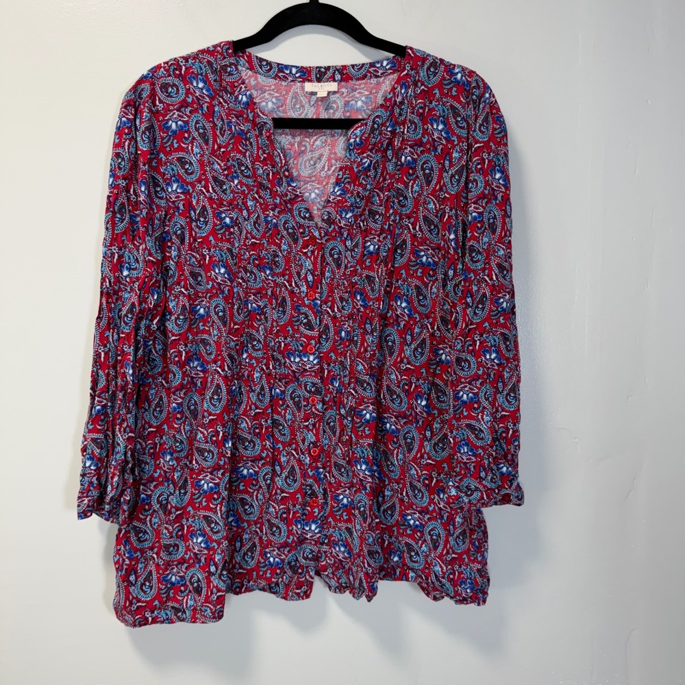 Talbots Womens XL Red Blue‎ Paisley Rayon Pleated Button Front Blouse Top